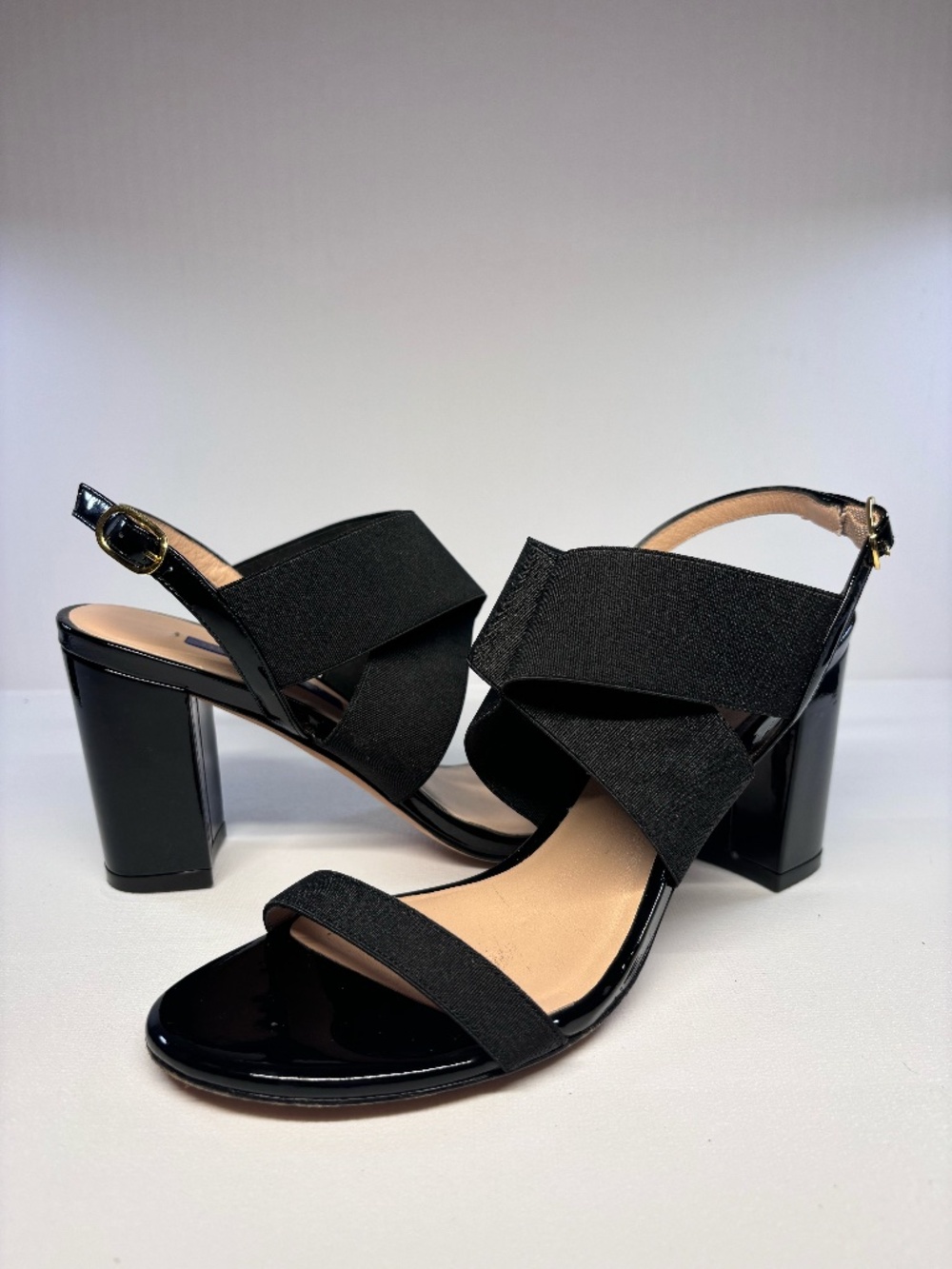 Stuart Weitzman Black Patent & Stretch Slingback Block Heel Sandals Size 6.5